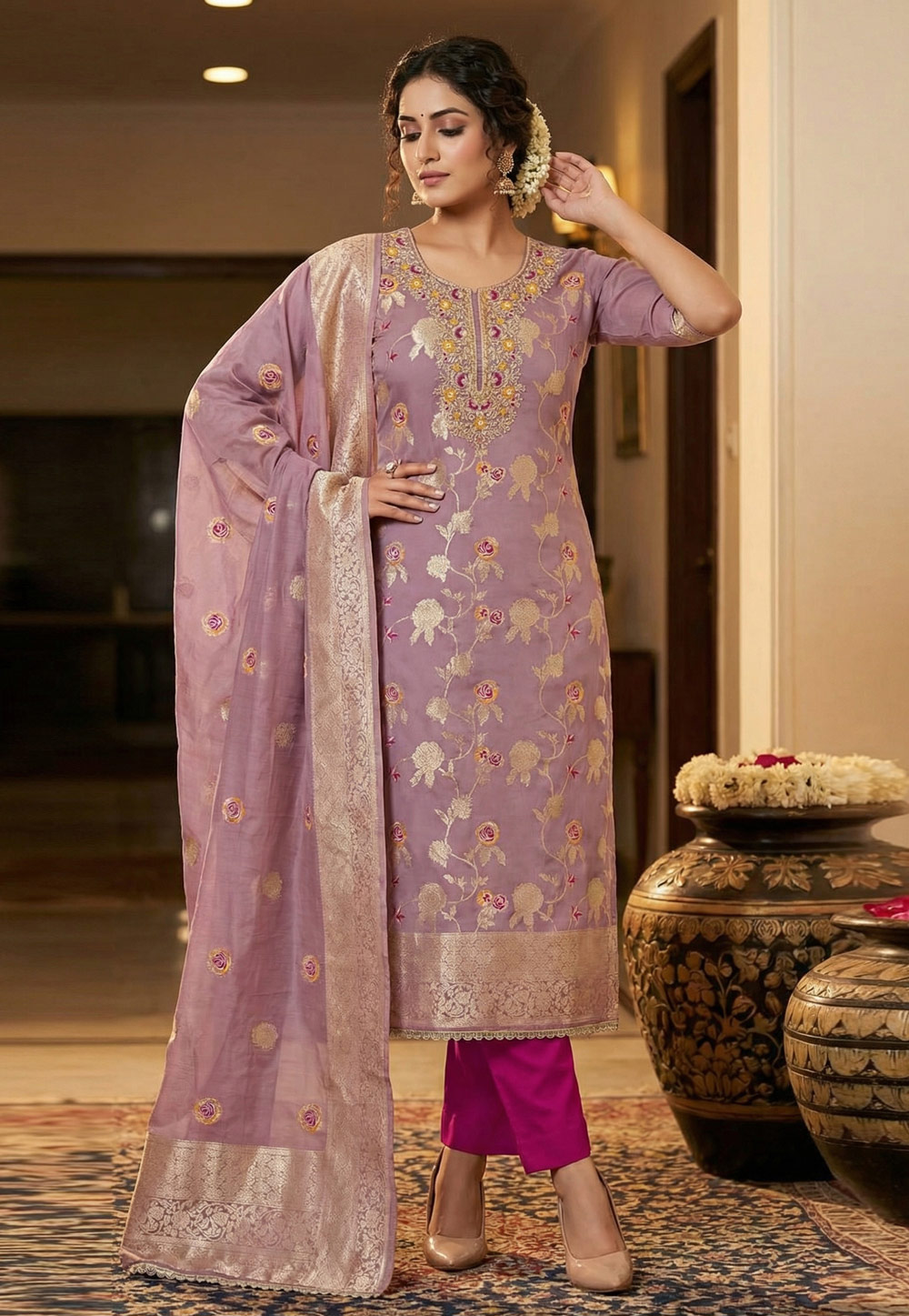 Lavender Banarasi Pakistani Suit 327441