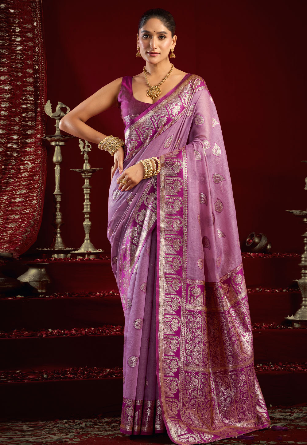 Lavender Banarasi Saree With Blouse 320632