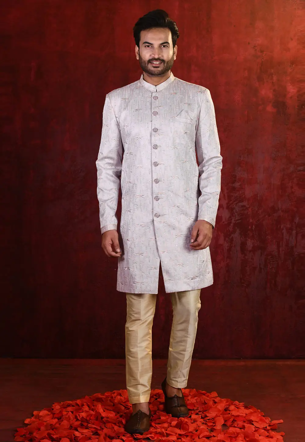 Lavender Banarasi Silk Indo Western Suit 335263