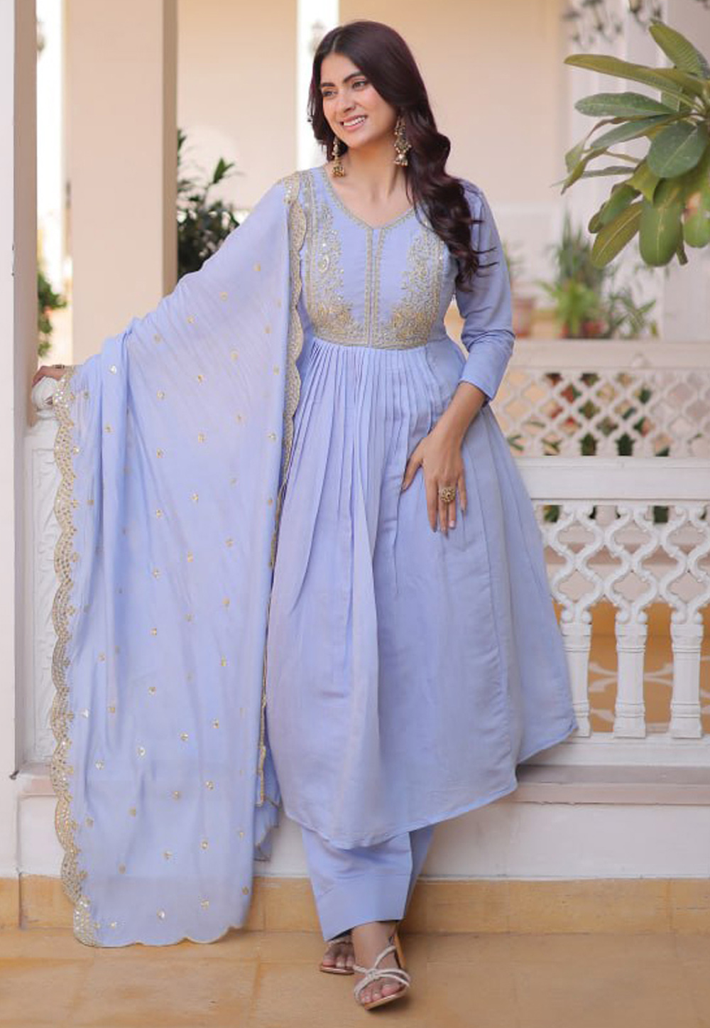 Lavender Chanderi Readymade Anarkali Suit 327846