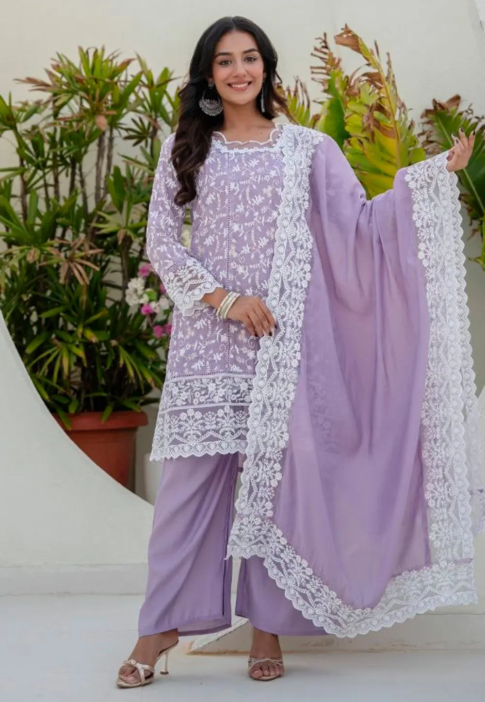 Lavender Chanderi Readymade Palazzo Suit 331802