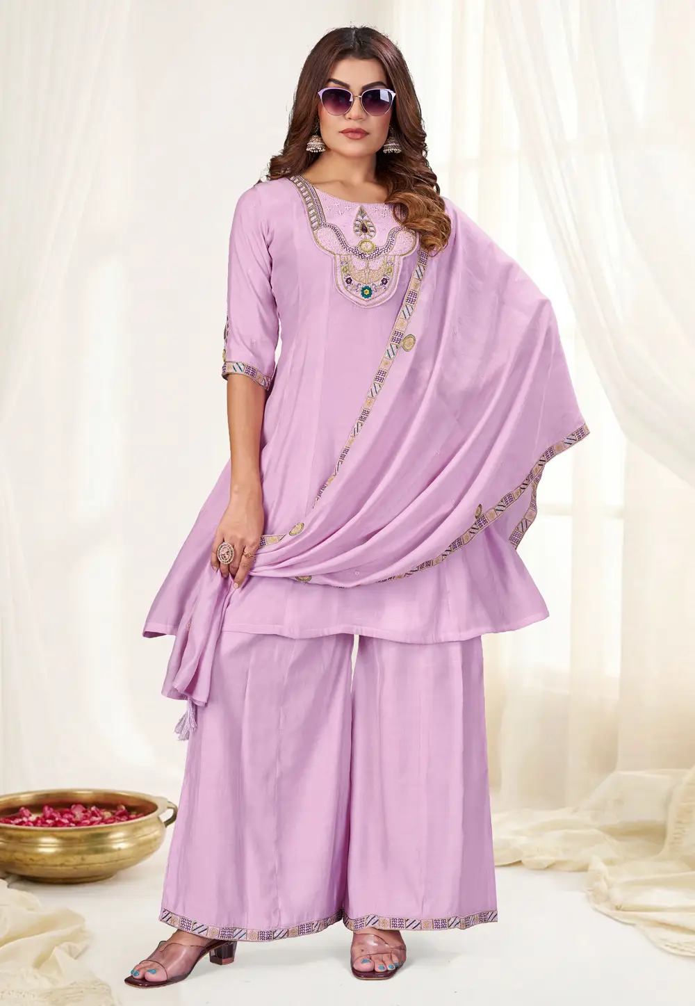 Lavender Chanderi Readymade Palazzo Suit 337016