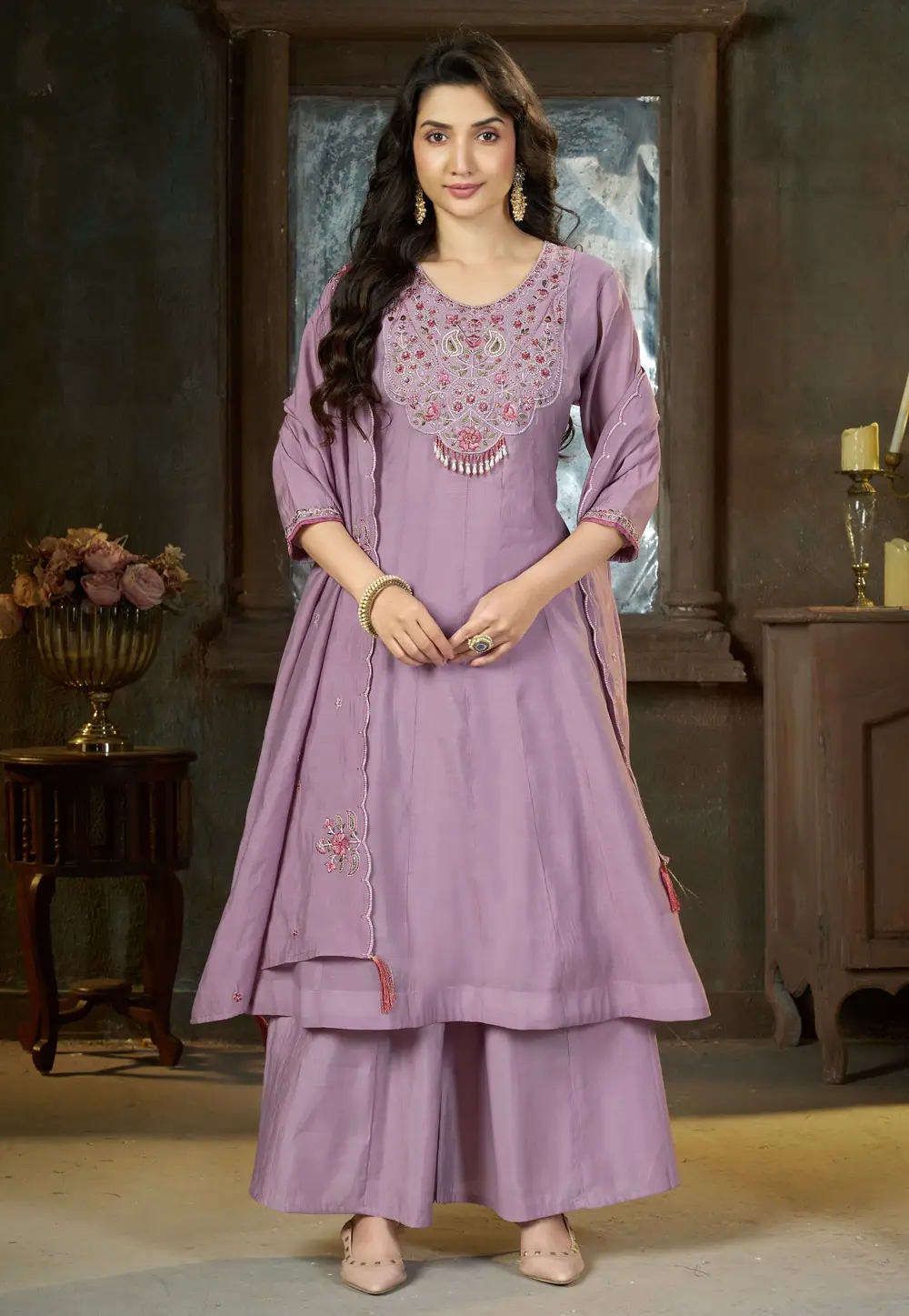 Lavender Chanderi Readymade Palazzo Suit 336644