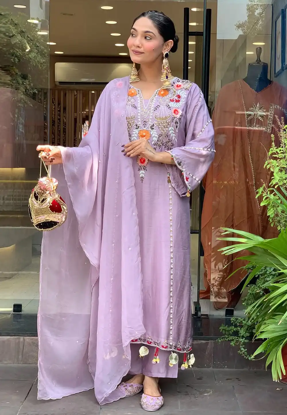 Lavender Chanderi Readymade Pant Style Suit 327164