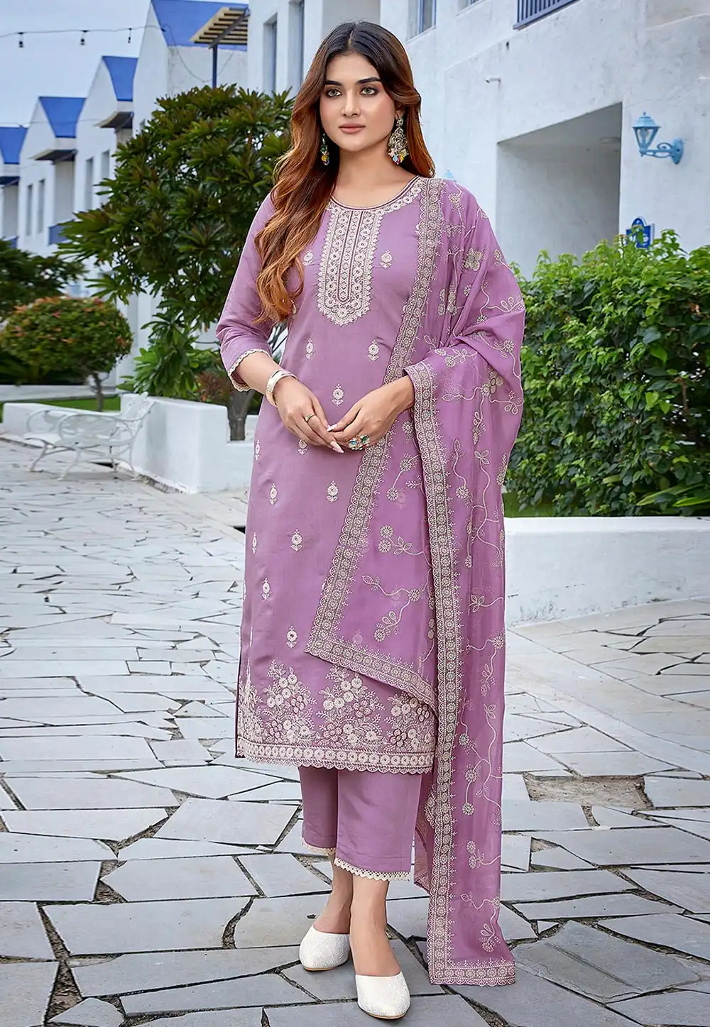 Lavender Chanderi Readymade Pant Style Suit 308124