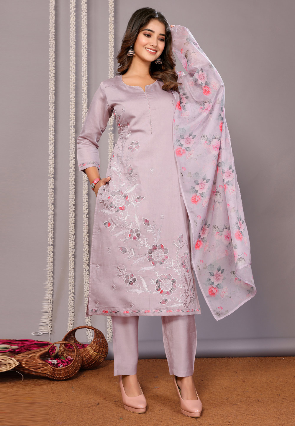 Lavender Chanderi Readymade Pant Style Suit 308134