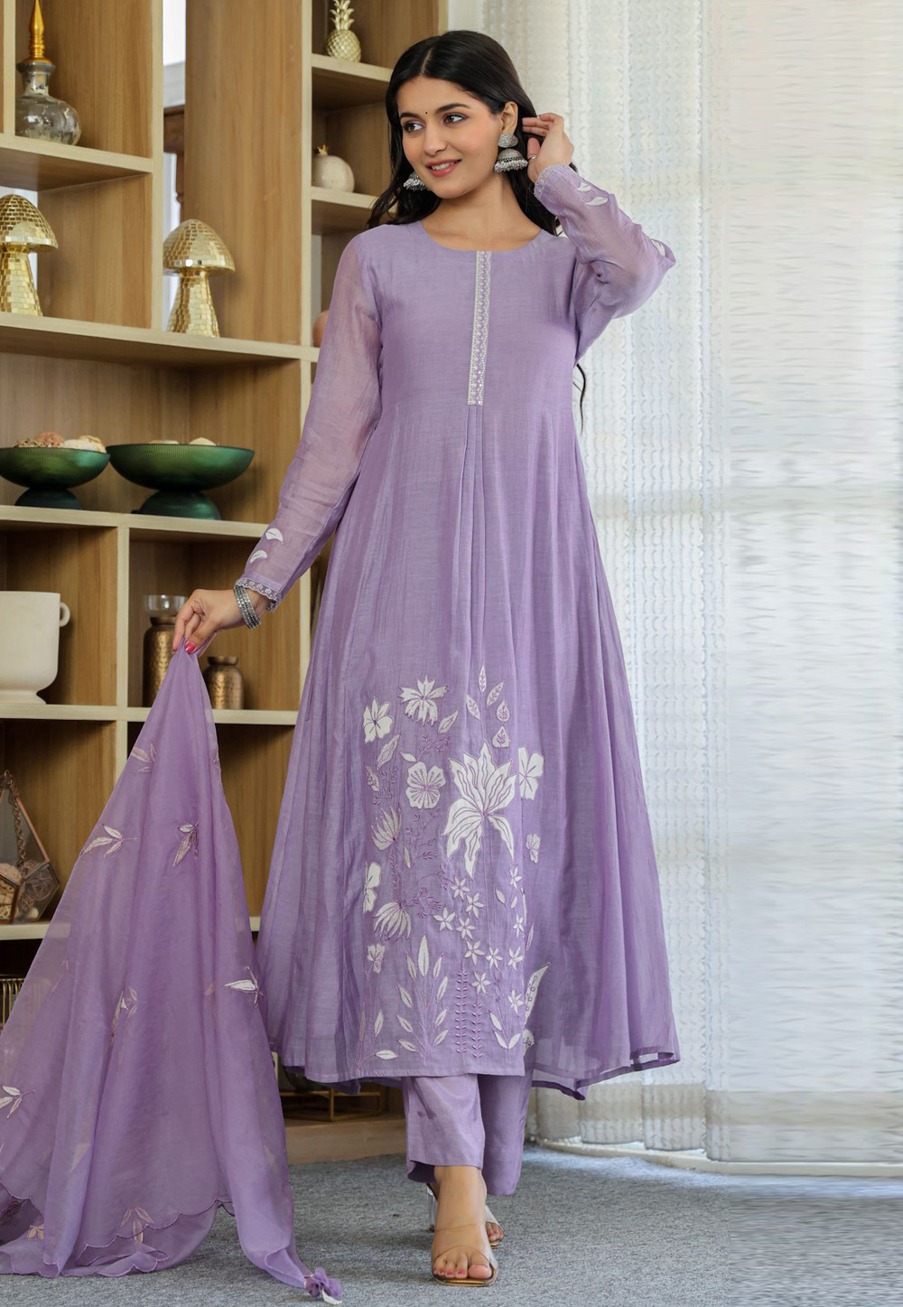 Lavender Chanderi Silk Readymade Anarkali Suit 321713