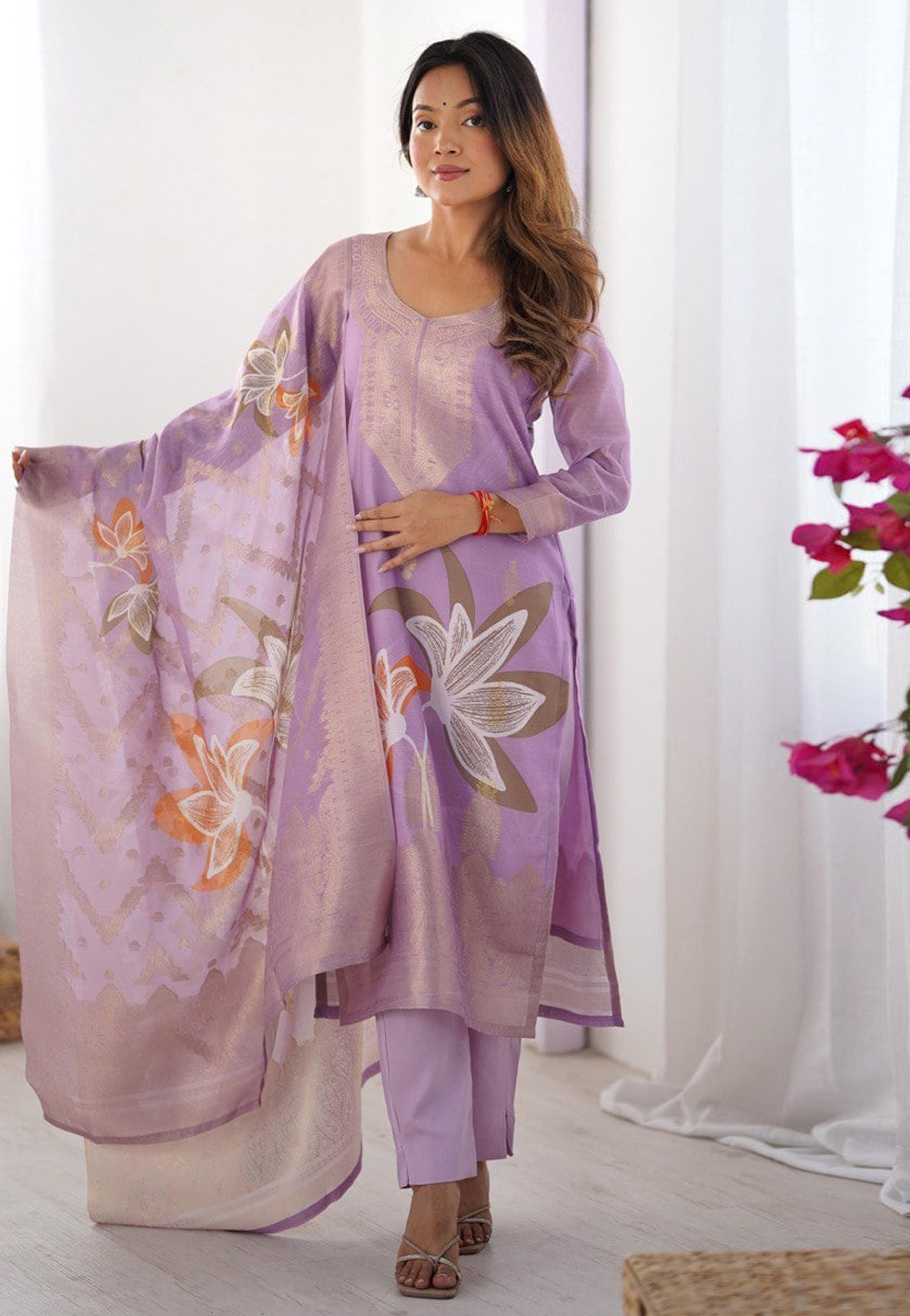 Lavender Chanderi Silk Readymade Pakistani Suit 311359