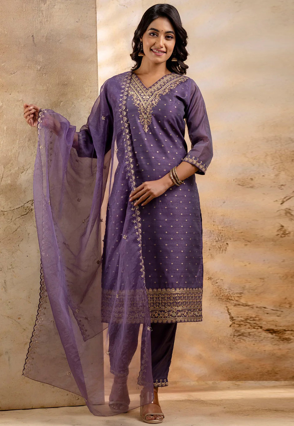 Lavender Chanderi Silk Readymade Pant Style Suit 308911