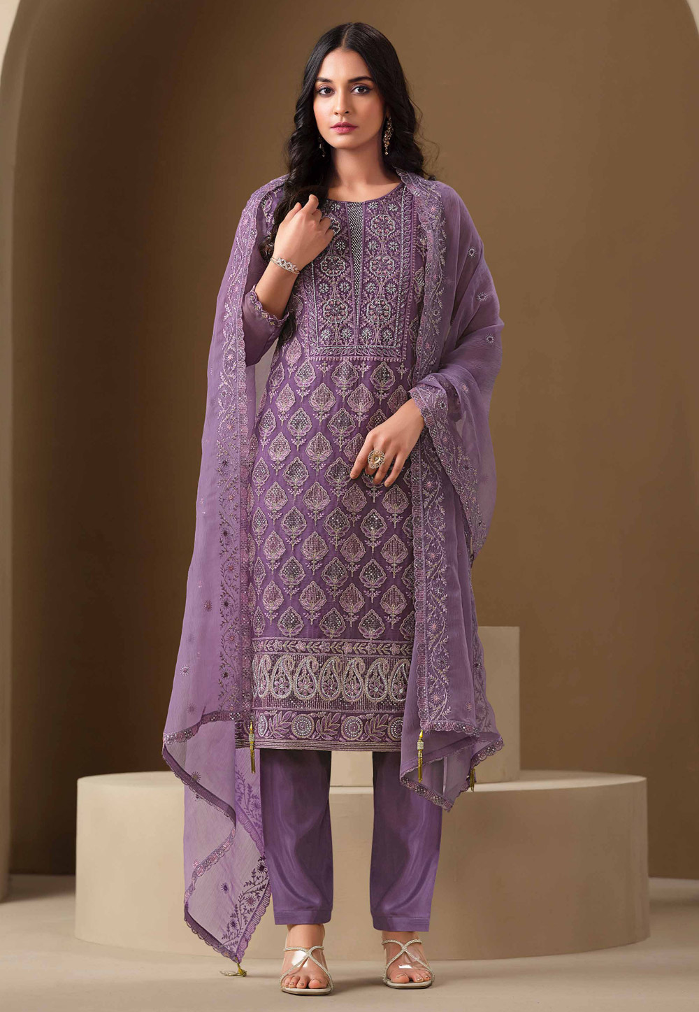 Lavender Chiffon Embroidered Pant Style Suit 308930