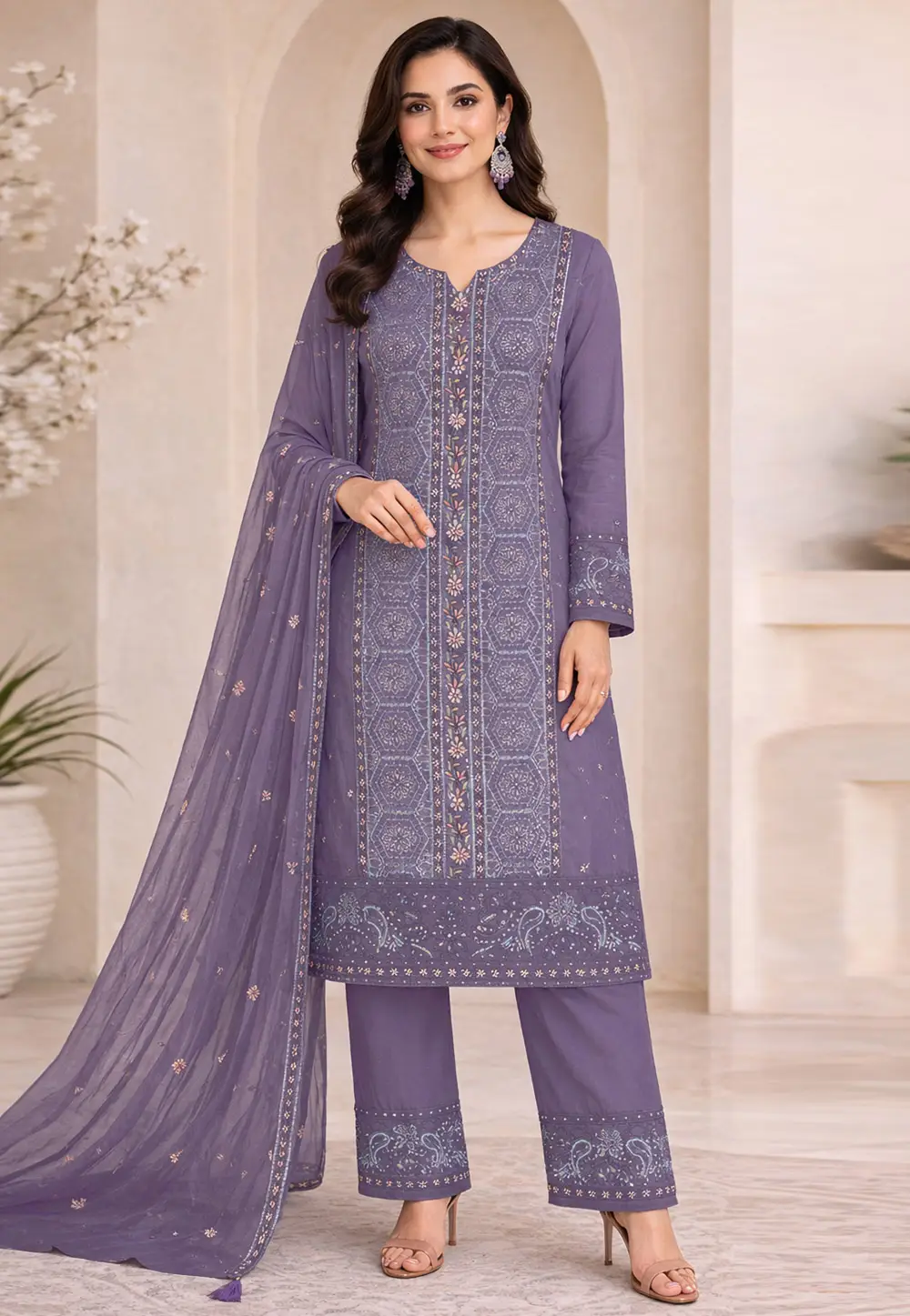Lavender Chiffon Pant Style Suit 332609