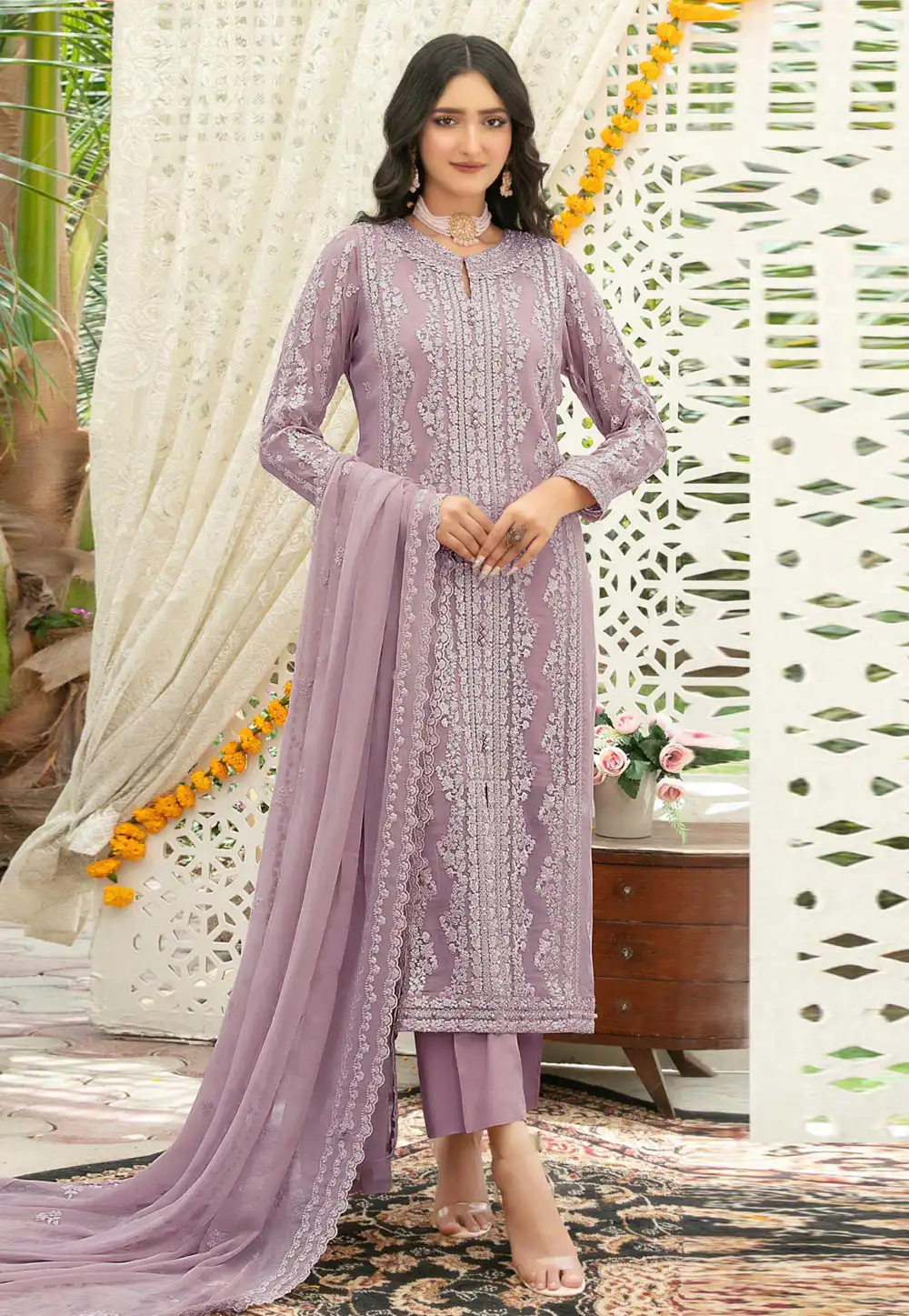 Lavender Chiffon Pant Style Suit 329157