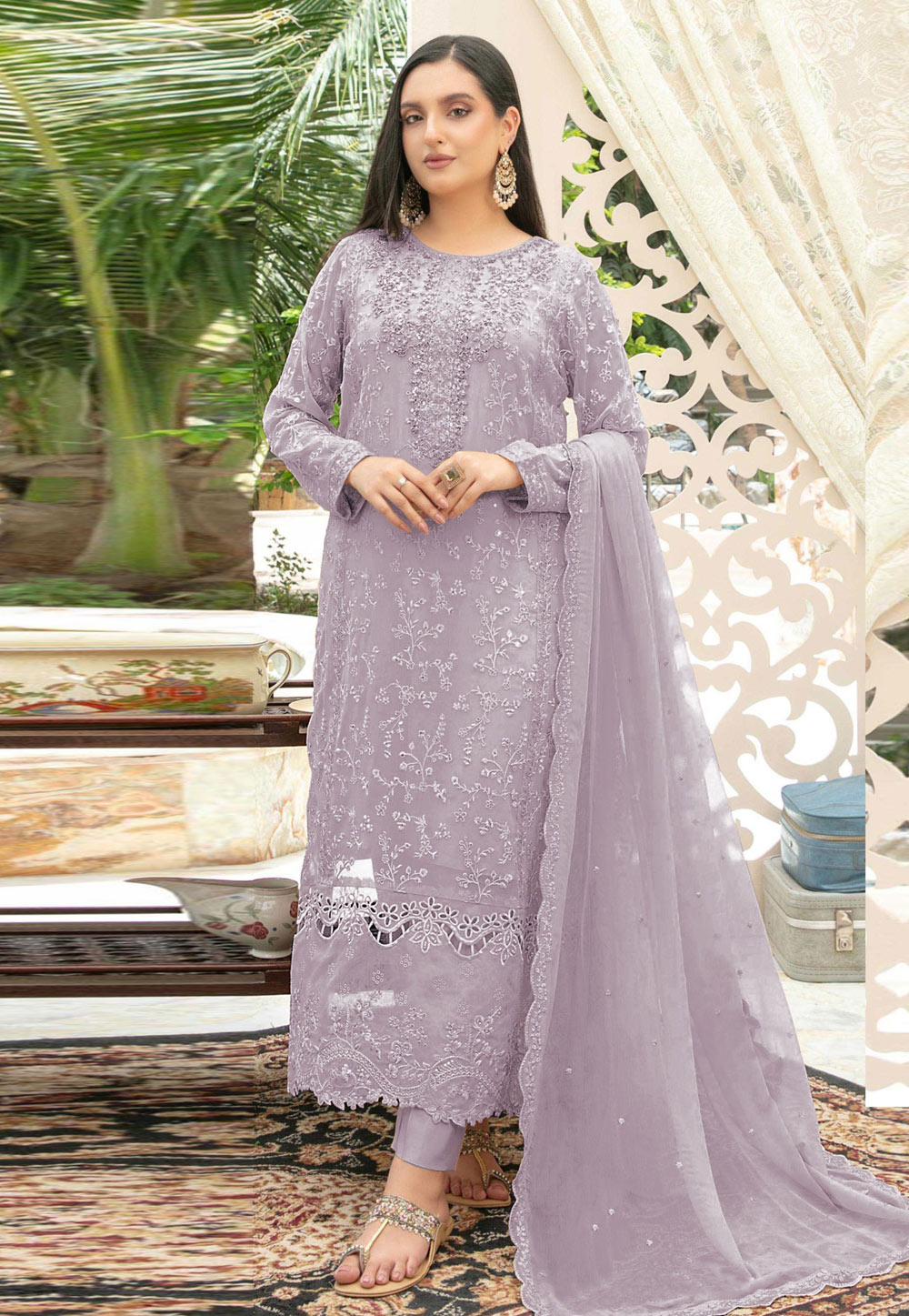 Lavender Chiffon Pant Style Suit 329153