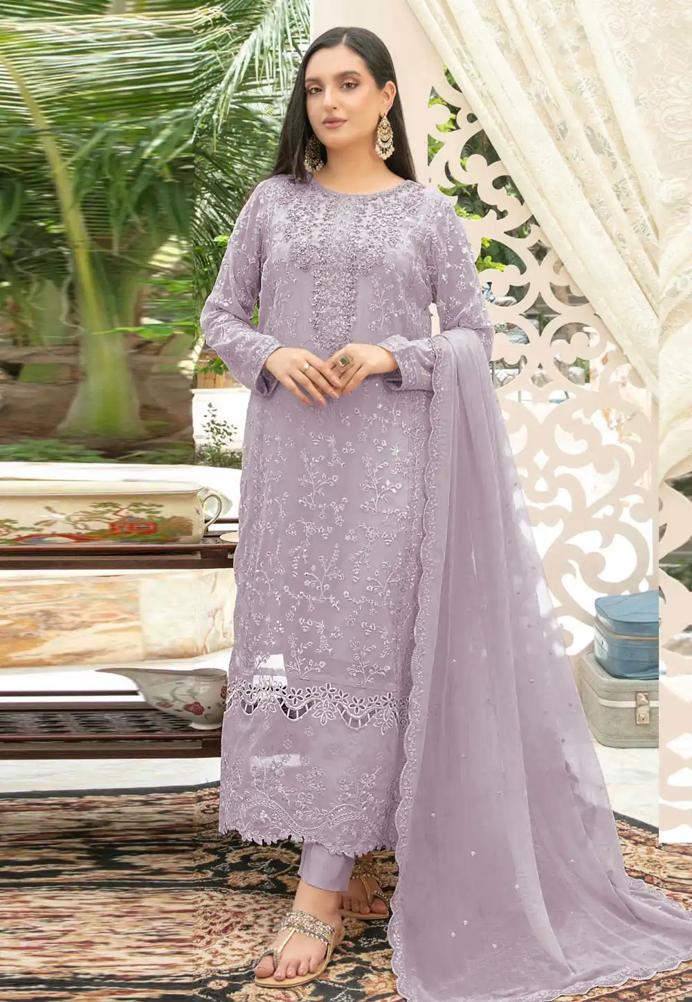 Lavender Chiffon Pant Style Suit 329153