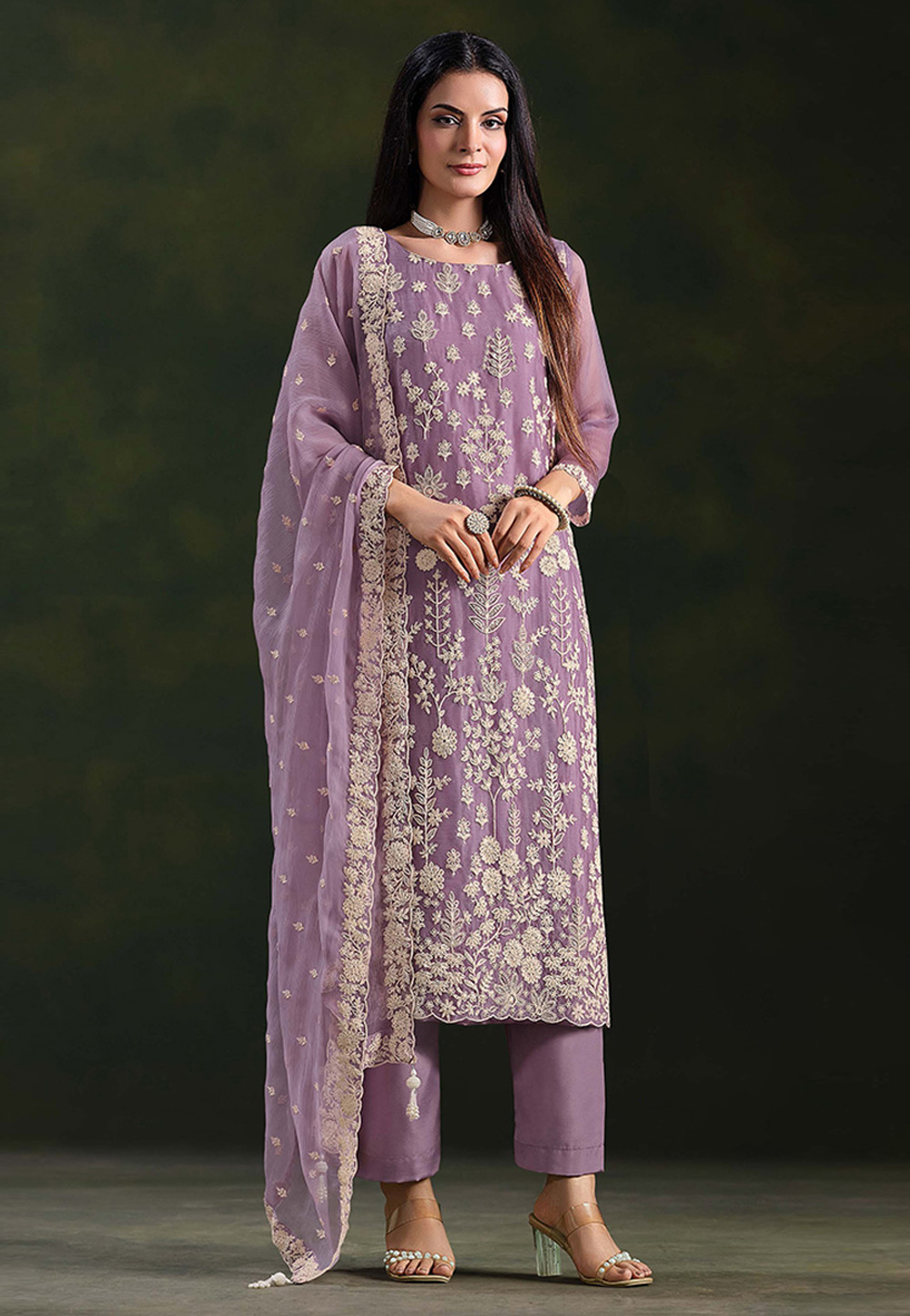 Lavender Chiffon Pant Style Suit 324514
