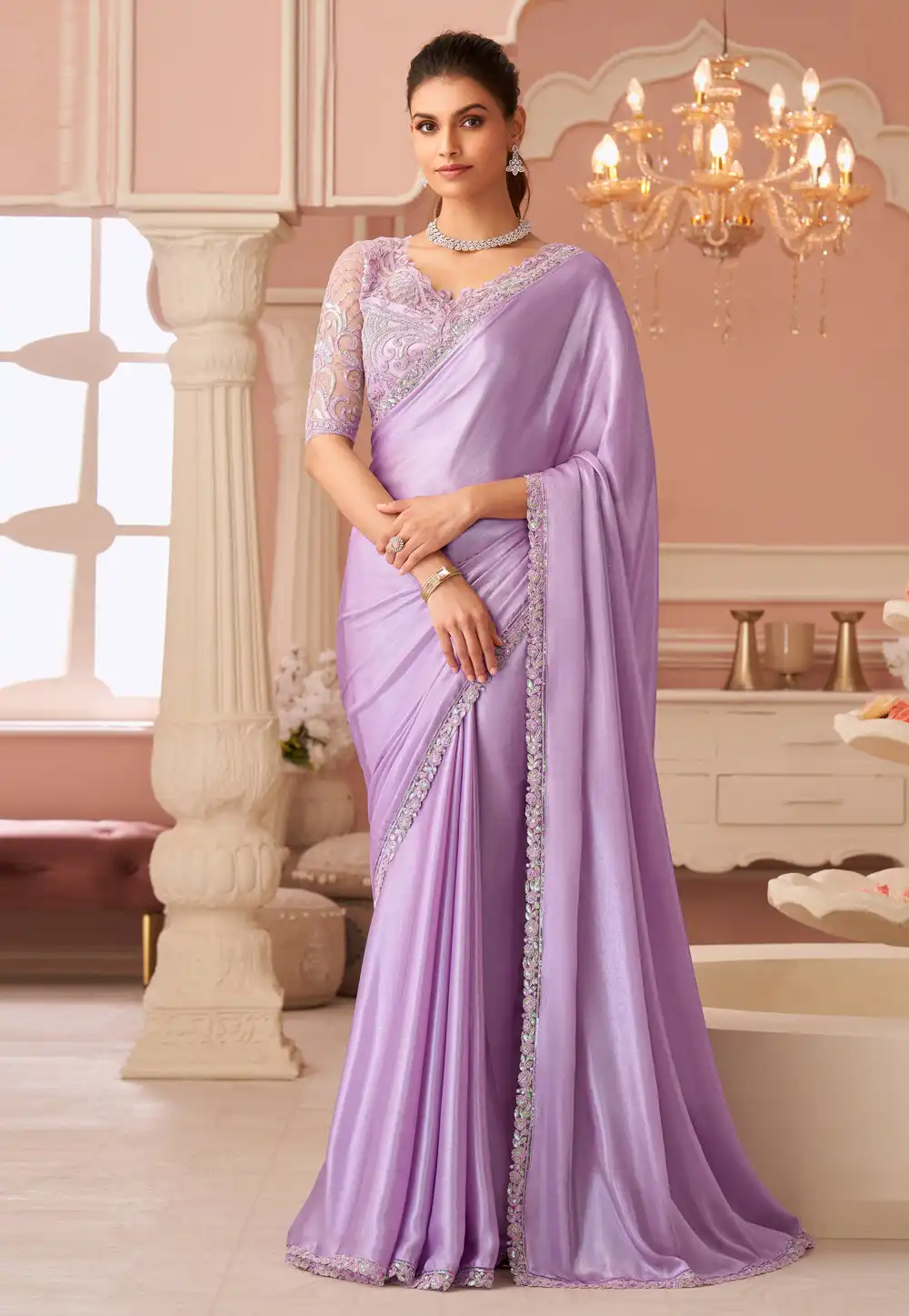 Lavender Chiffon Shimmer Saree With Blouse 316999