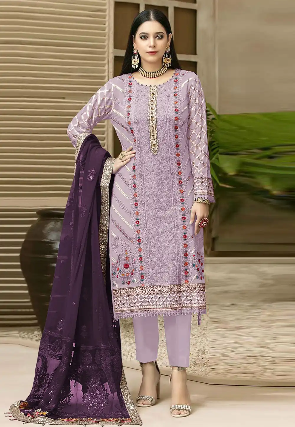 Lavender Chiffon Straight Suit 329689