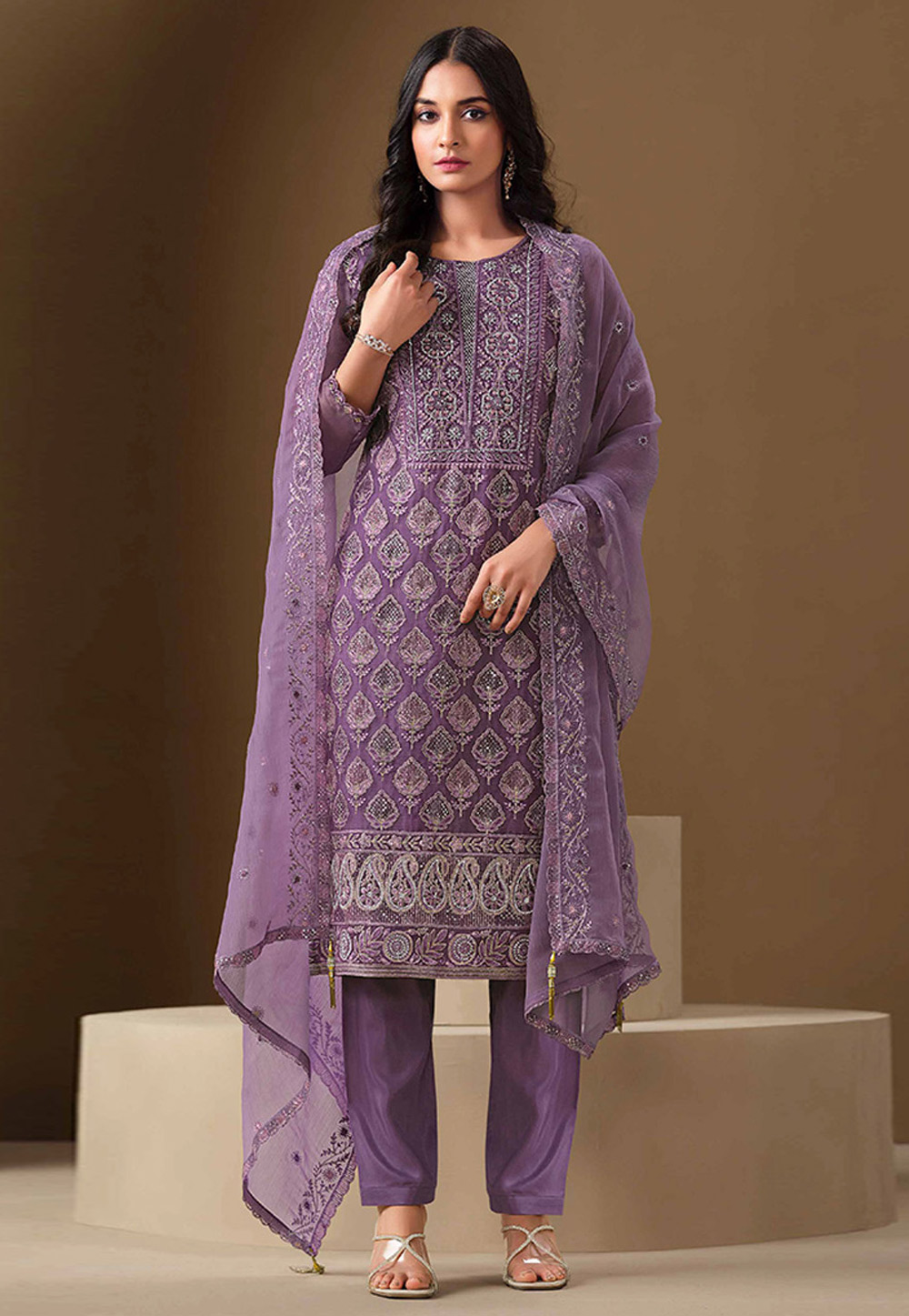 Lavender Chiffon Straight Suit 324805