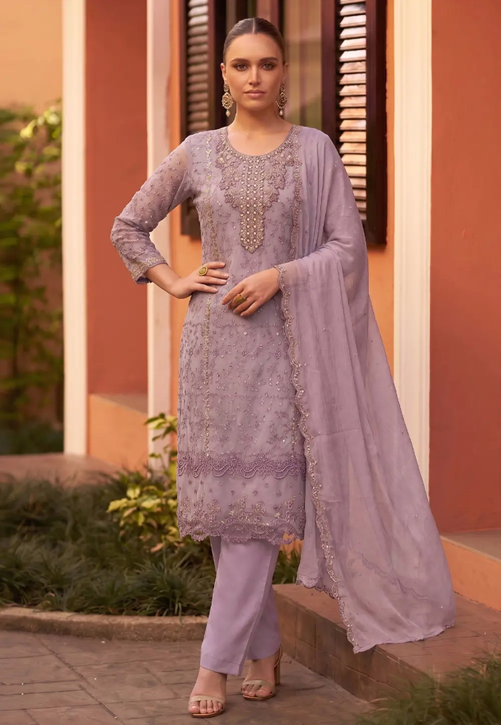 Lavender Chiffon Straight Suit 332913