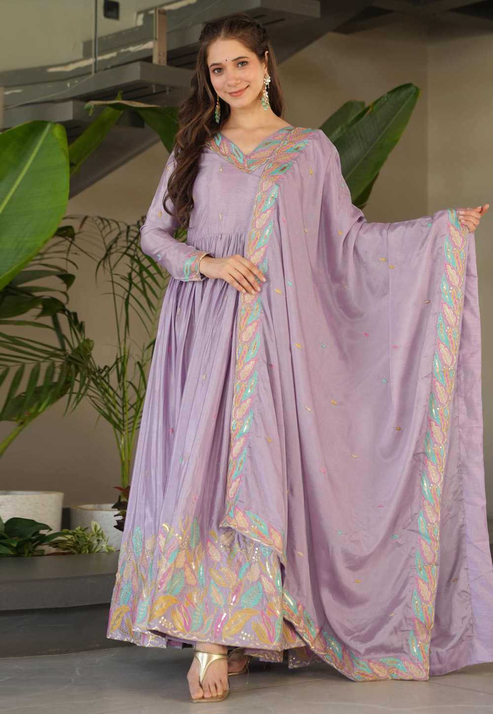 Lavender Chinon Readymade Anarkali Suit 312583