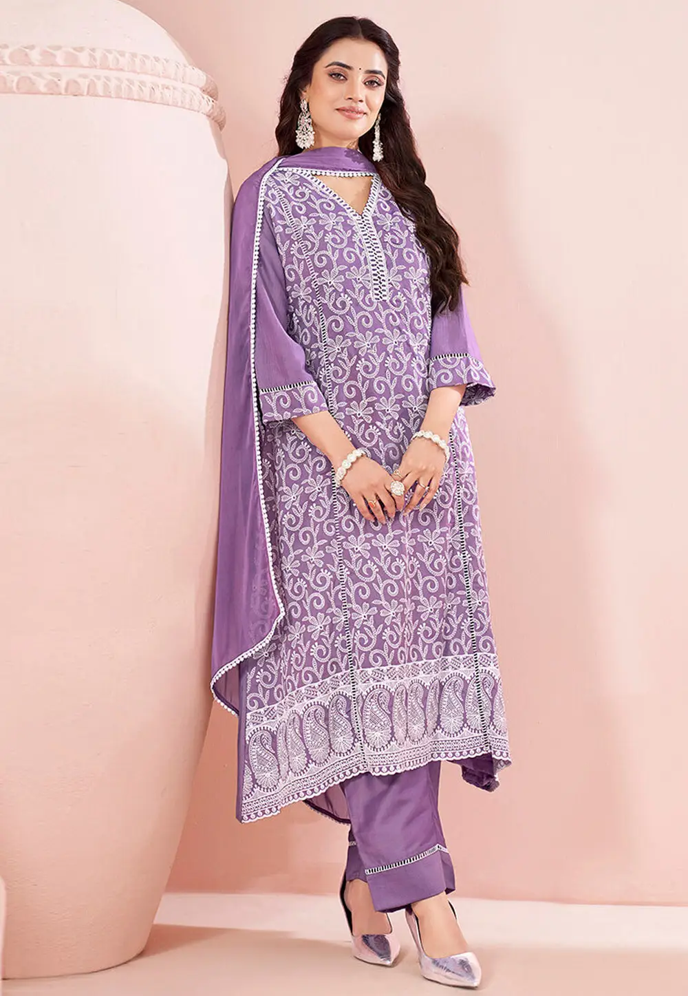 Lavender Chinon Readymade Anarkali Suit 334216