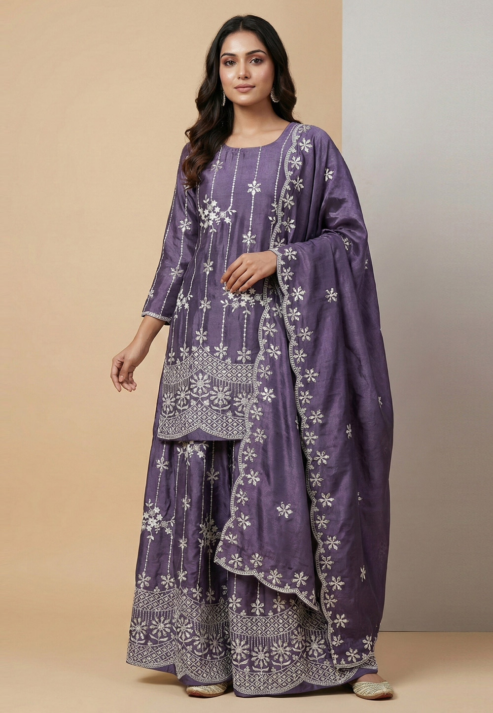 Lavender Chinon Readymade Gharara Suit 323848
