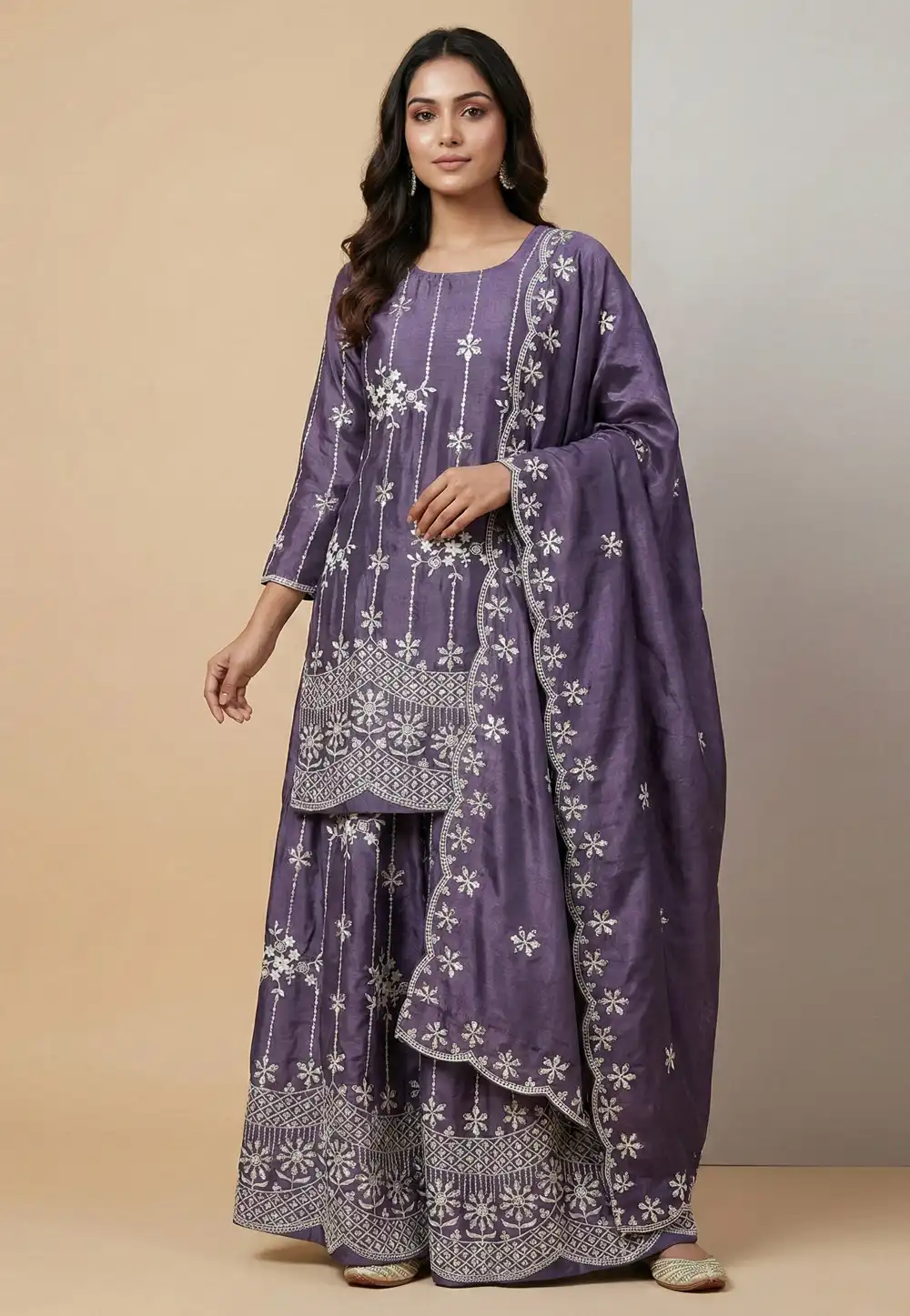Lavender Chinon Readymade Gharara Suit 323848
