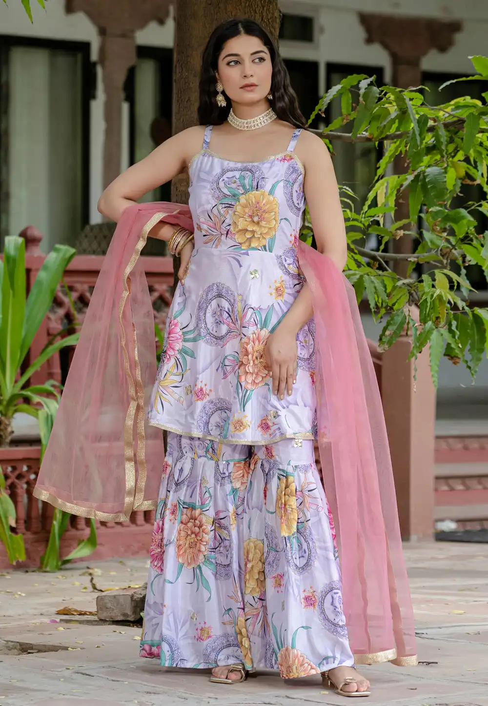 Lavender Chinon Readymade Gharara Suit 313903