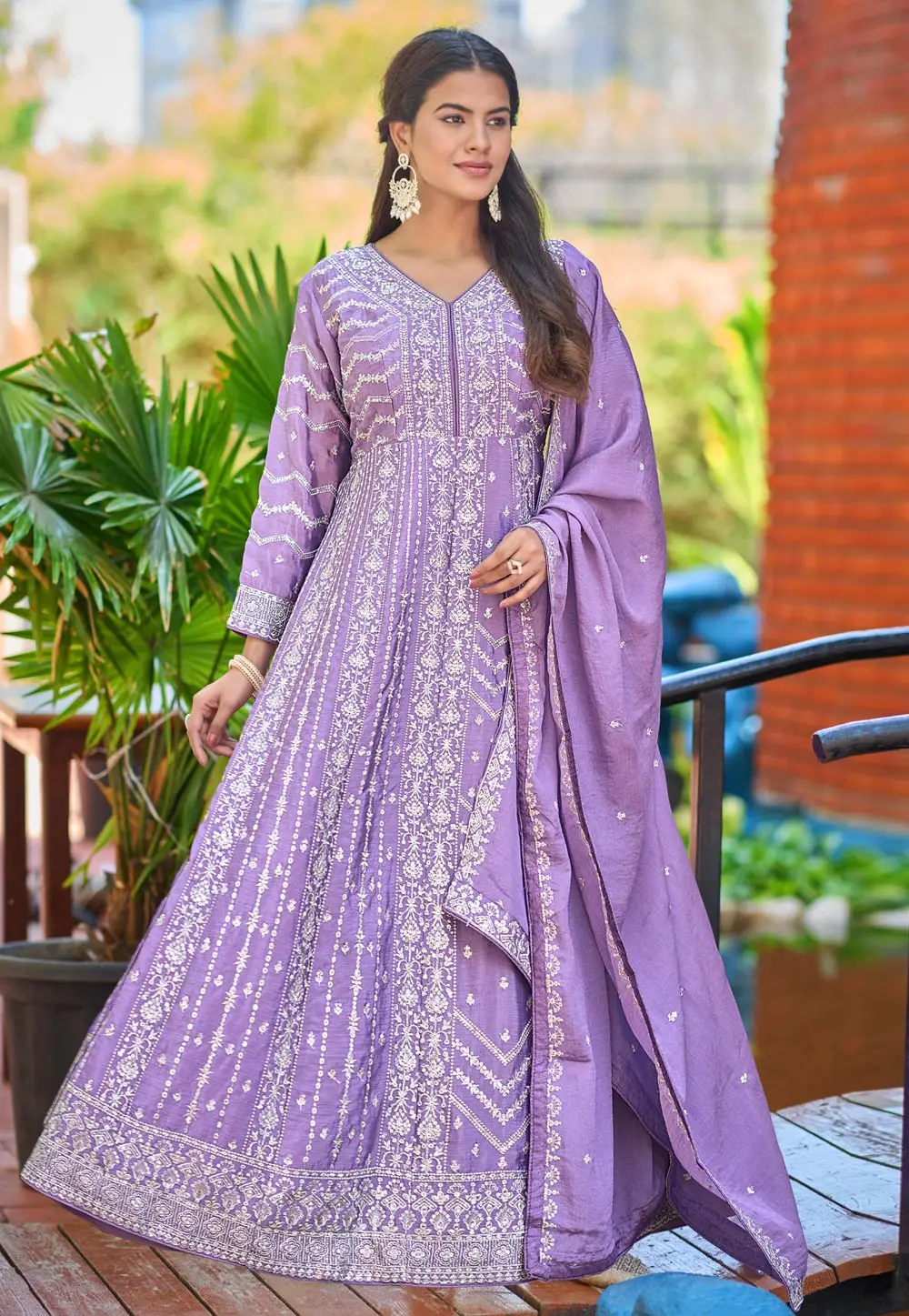 Lavender Chinon Readymade Long Anarkali Suit 334823
