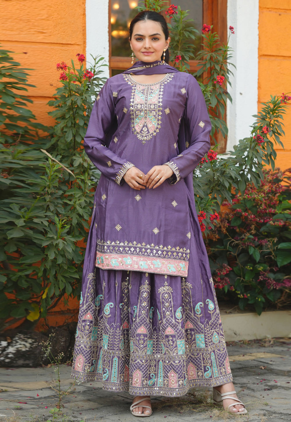 Lavender Chinon Readymade Pakistani Suit 307568