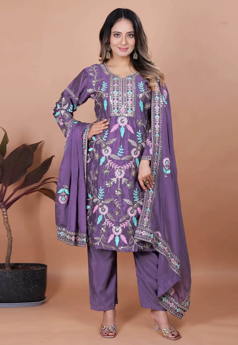 Lavender Chinon Readymade Pakistani Suit 314724
