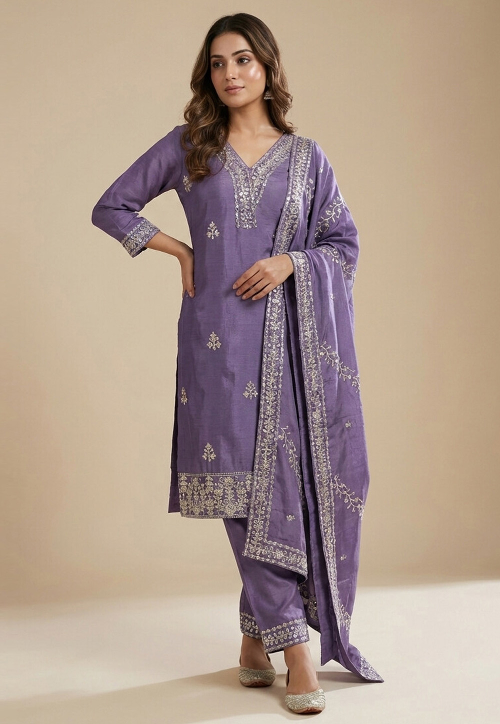 Lavender Chinon Readymade Pakistani Suit 323863