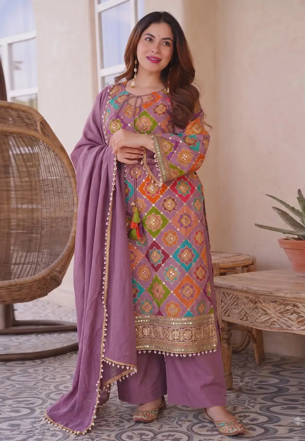 Lavender Chinon Readymade Palazzo Suit 333979
