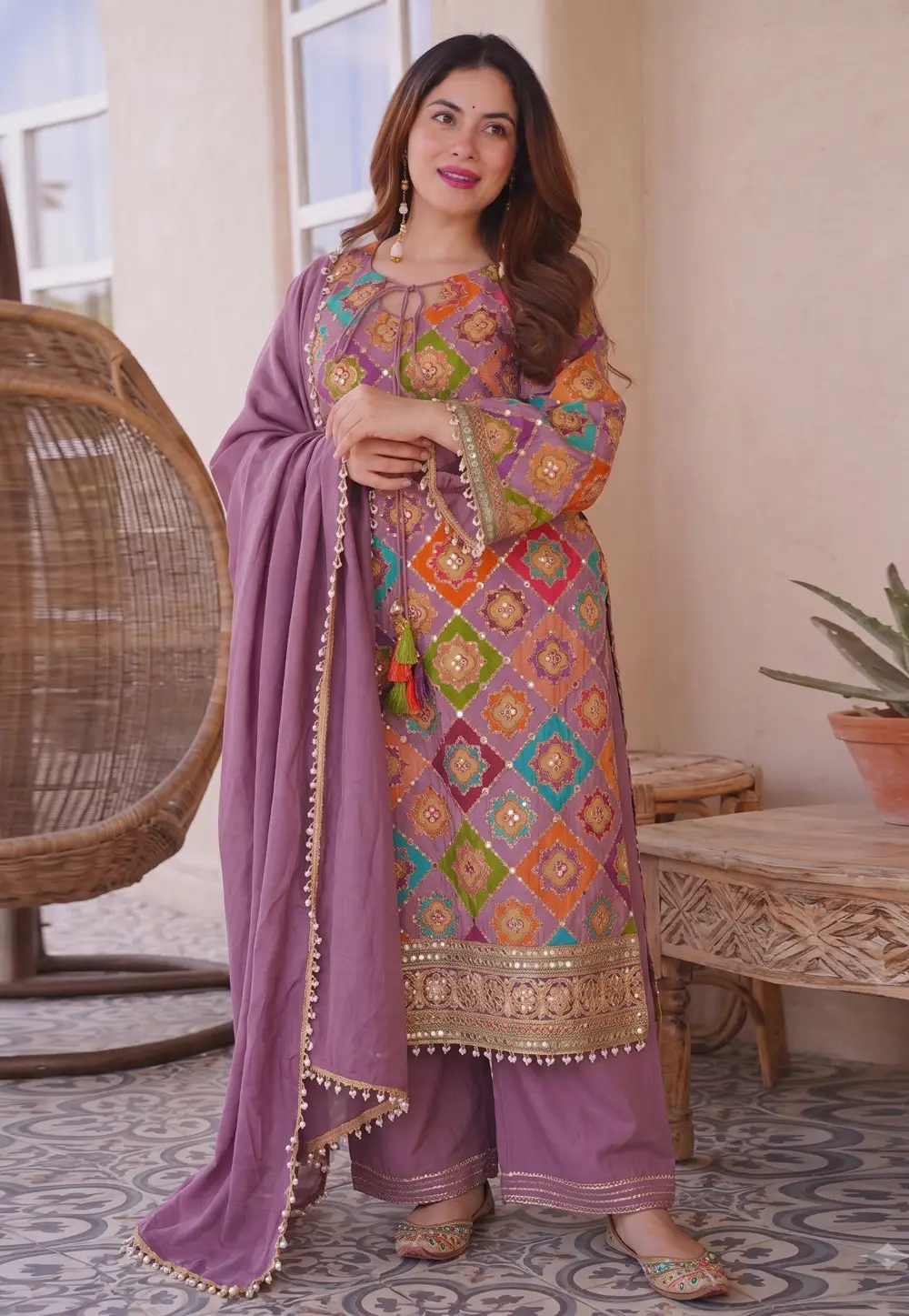 Lavender Chinon Readymade Palazzo Suit 333979
