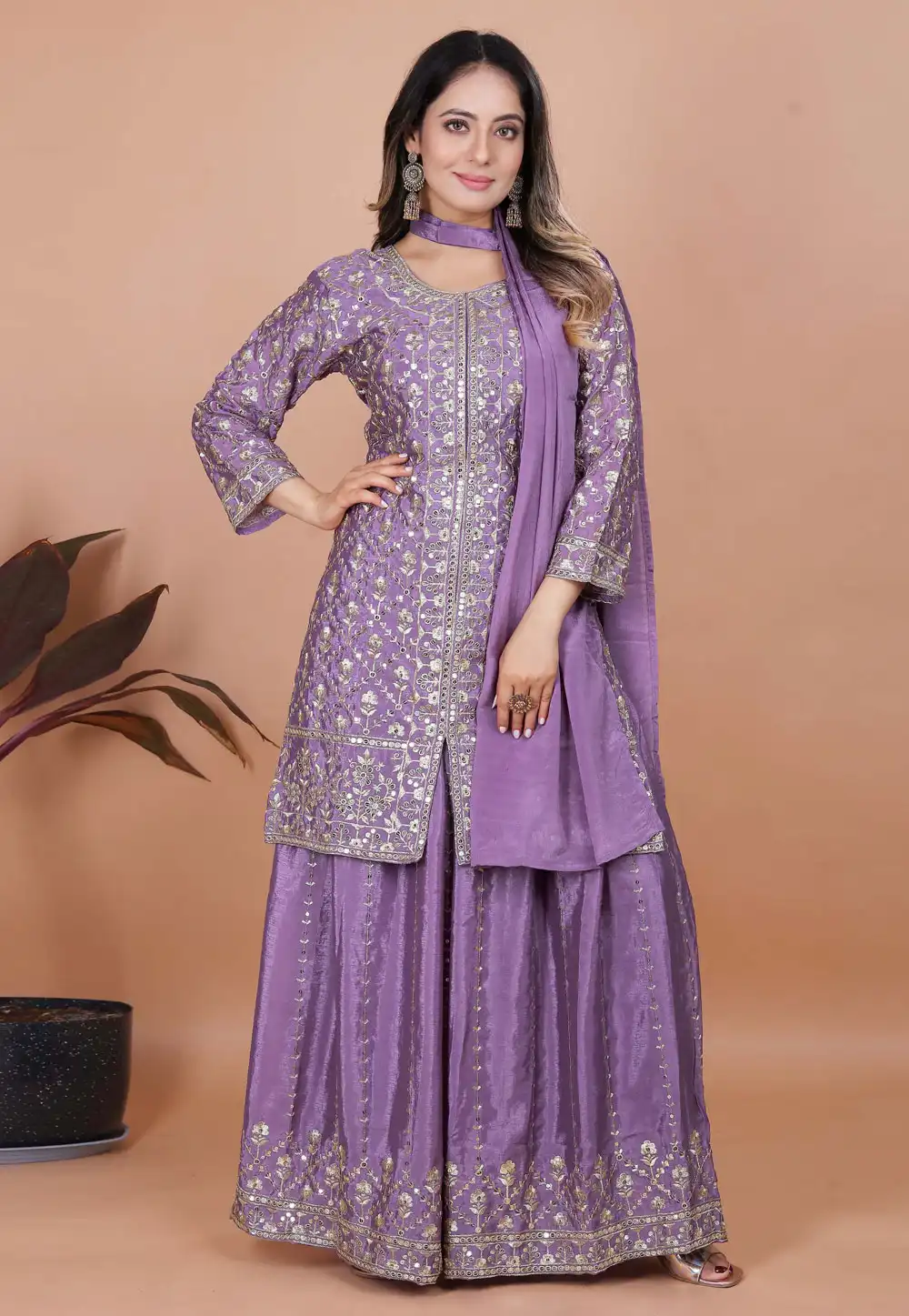 Lavender Chinon Readymade Palazzo Suit 317806