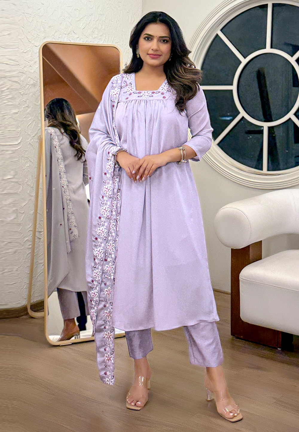 Lavender Chinon Readymade Pant Style Suit 310306