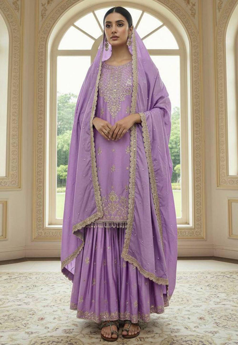 Lavender Chinon Readymade Sharara Suit 324856