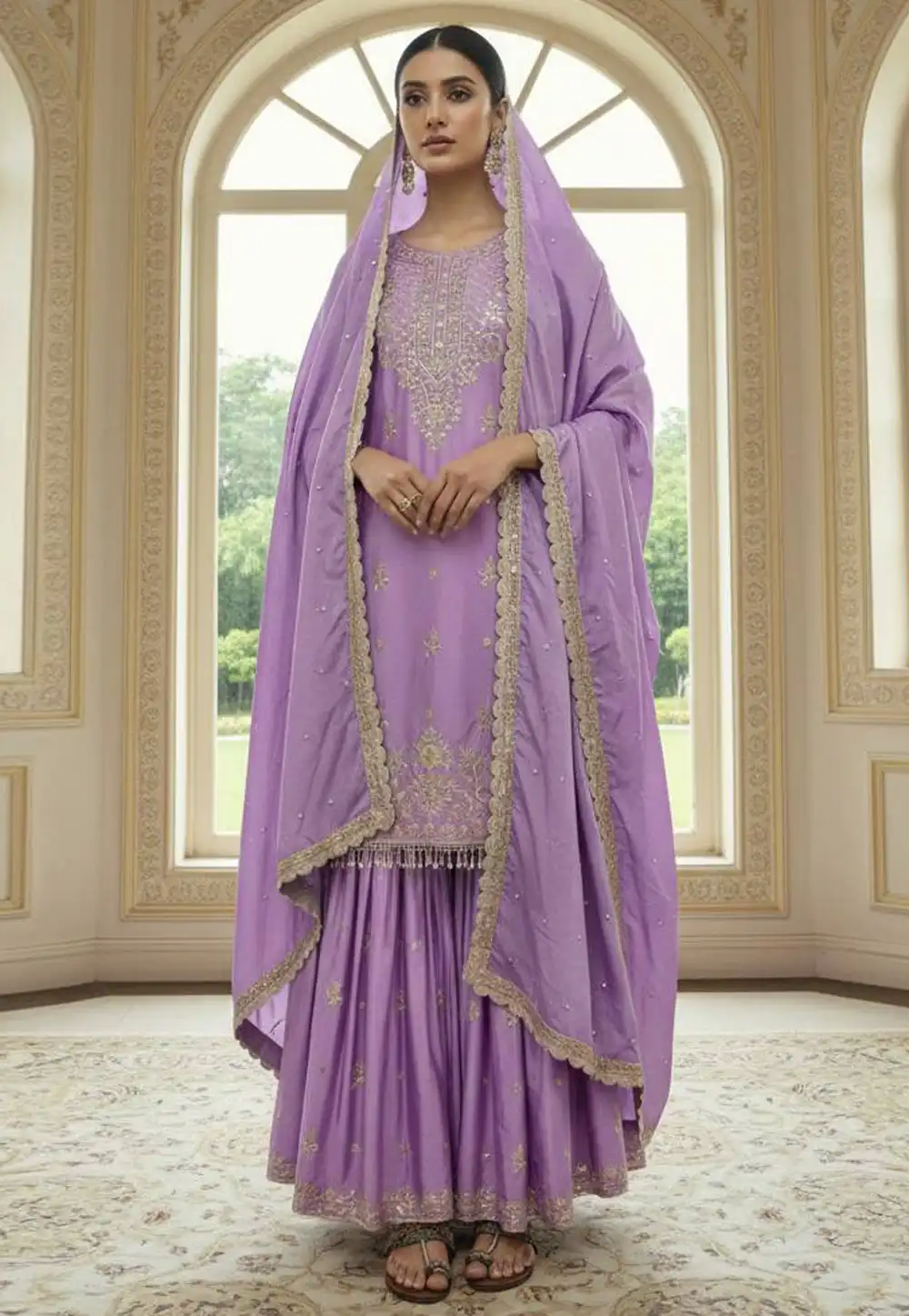 Lavender Chinon Readymade Sharara Suit 324856