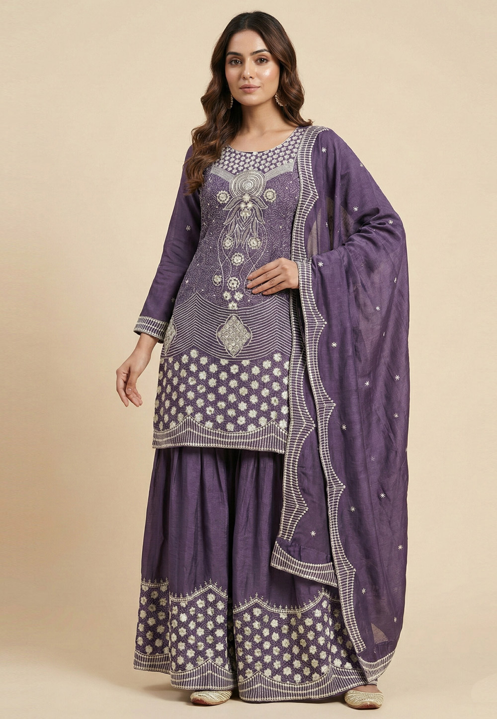 Lavender Chinon Readymade Sharara Suit 323841