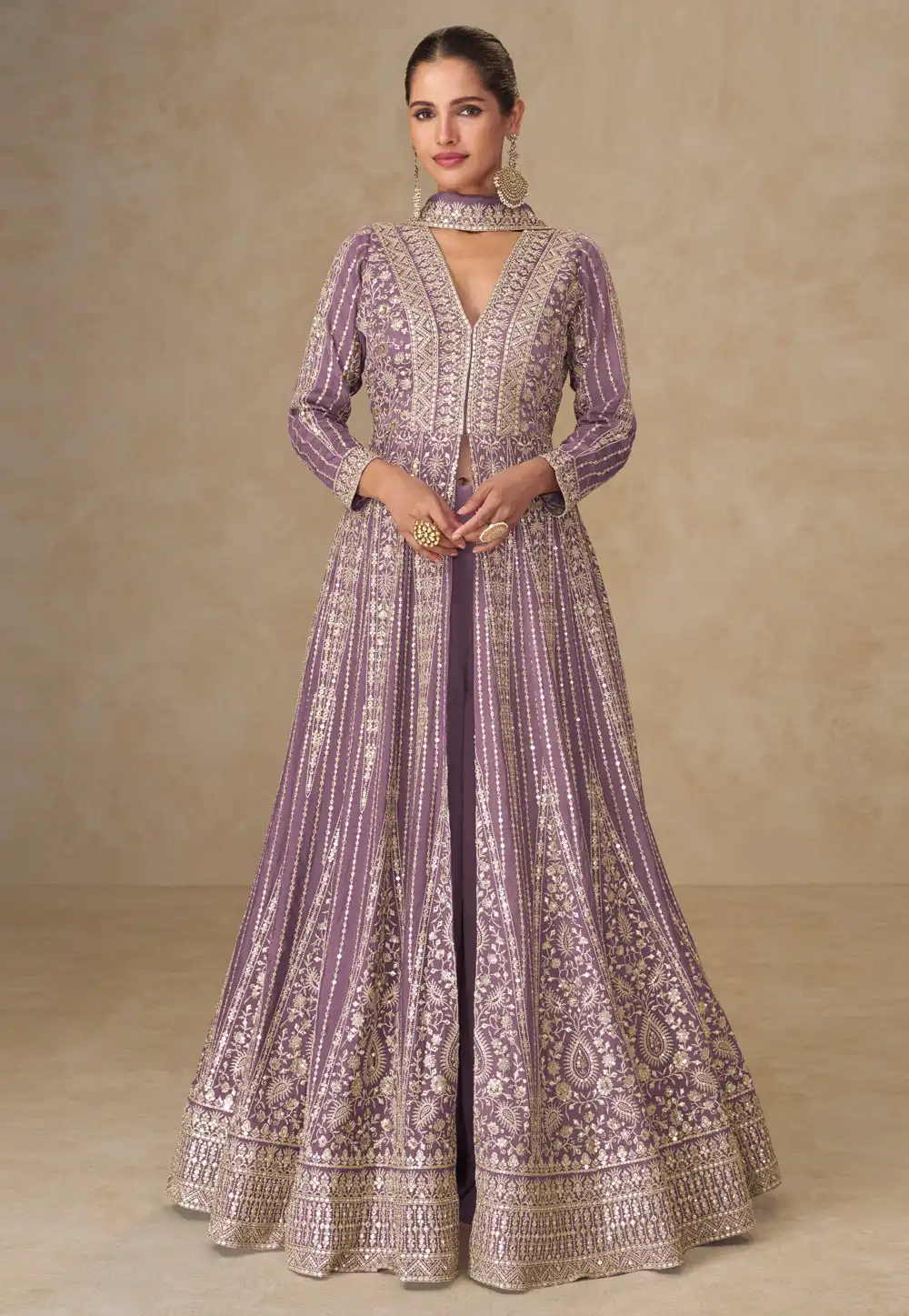 Lavender Chinon Silk Embroidered Anarkali Suit 317522