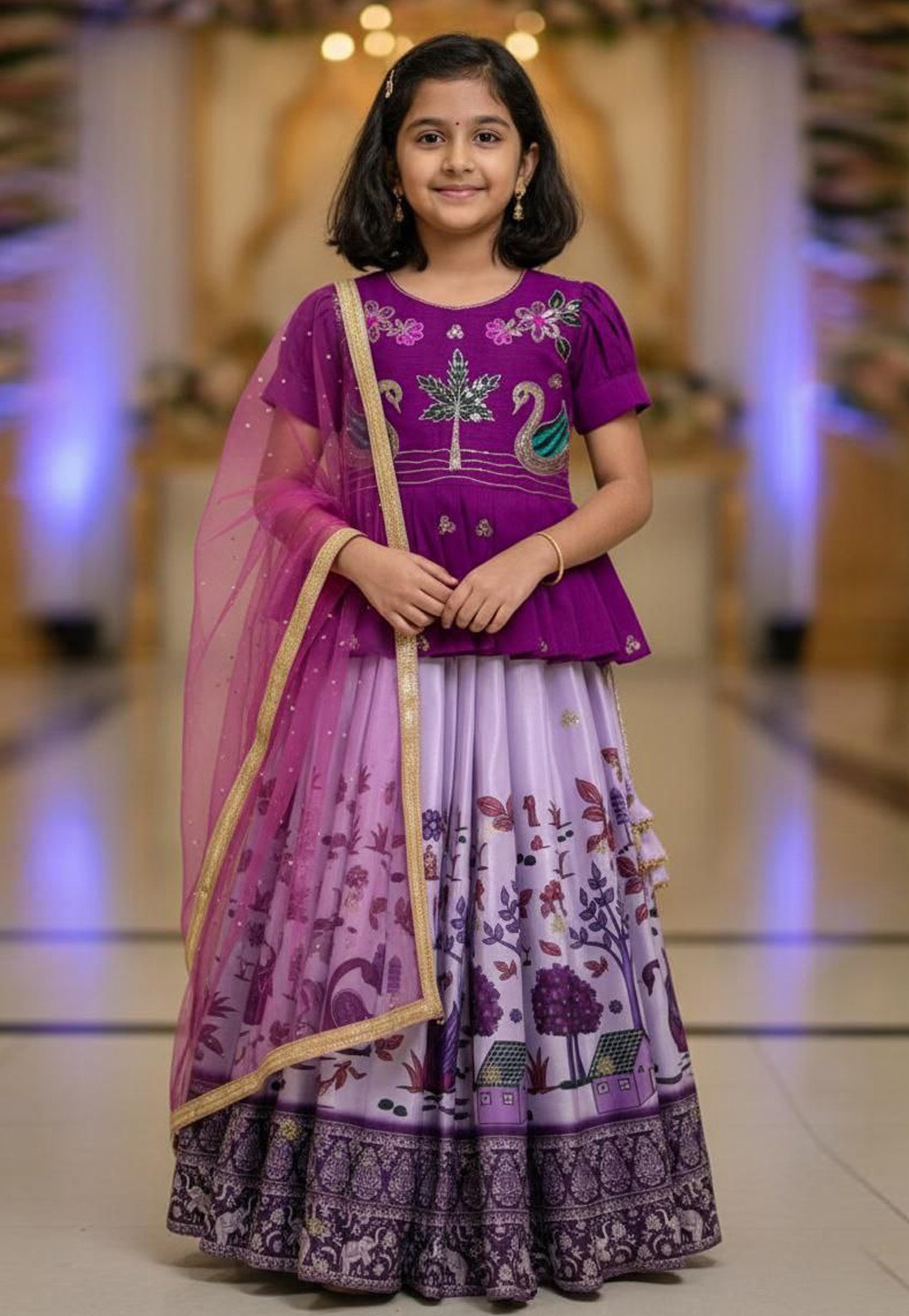 Lavender Chinon Silk Kids Lehenga Choli 319597