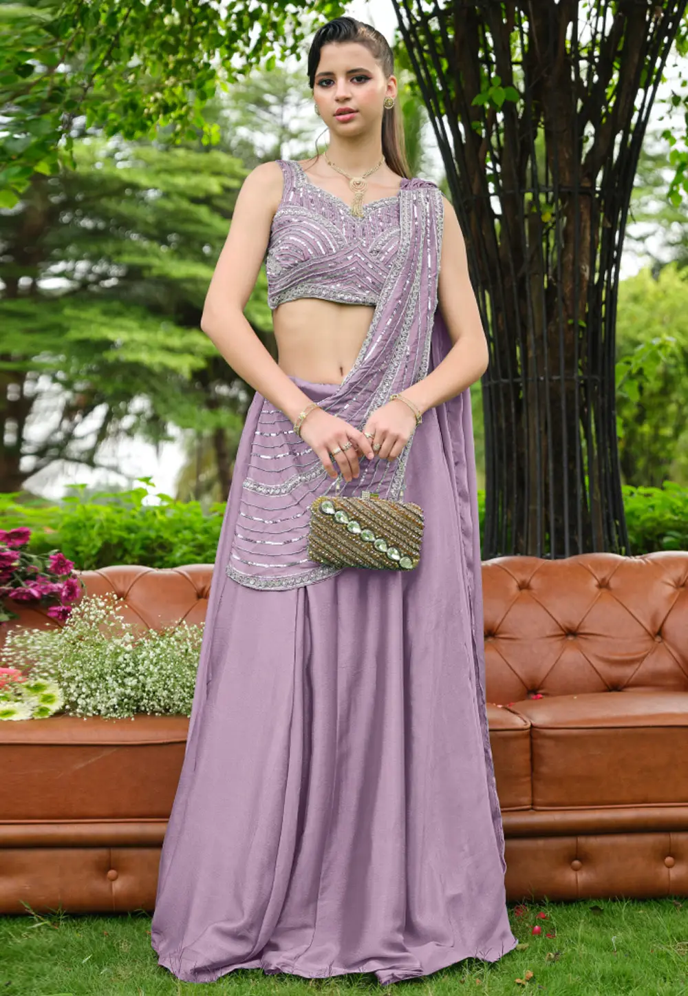 Lavender Chinon Silk Lehenga Saree 334752