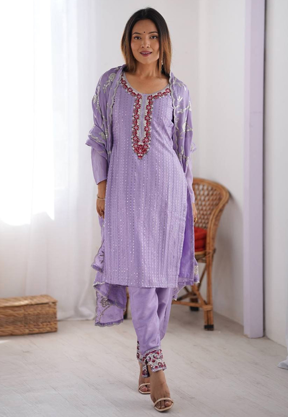 Lavender Chinon Silk Readymade Pakistani Suit 312149
