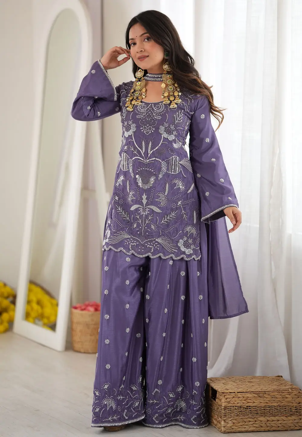 Lavender Chinon Silk Readymade Pakistani Suit 337067