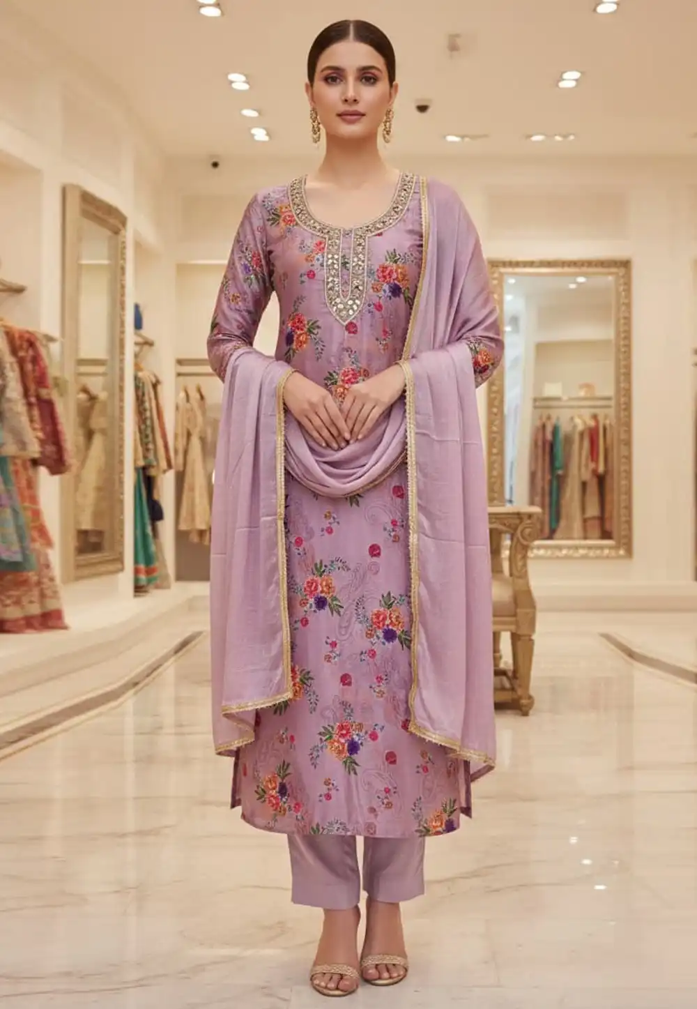 Lavender Chinon Silk Straight Suit 330637