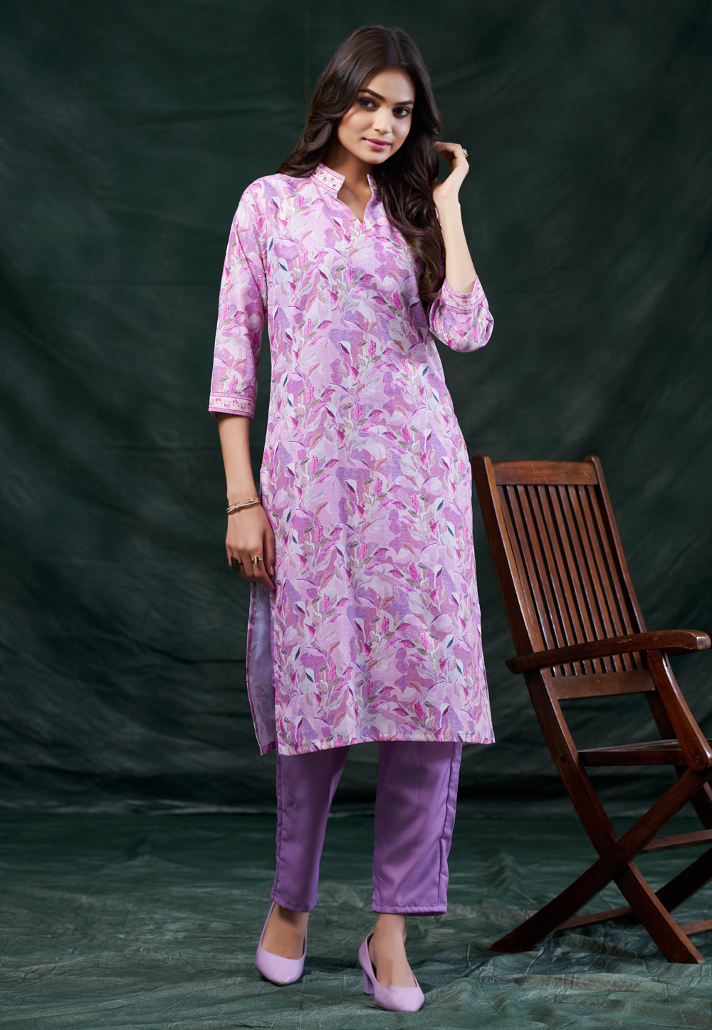 Lavender Cotton Linen Printed Long Tunic 311973