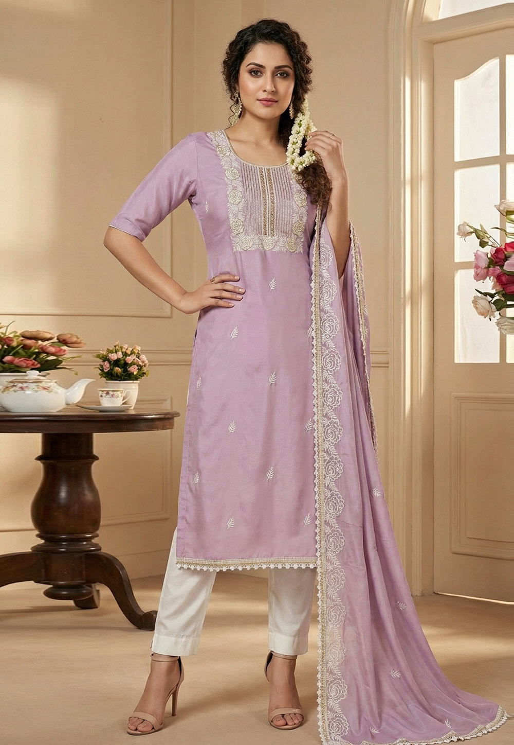 Lavender Cotton Pant Style Suit 327320