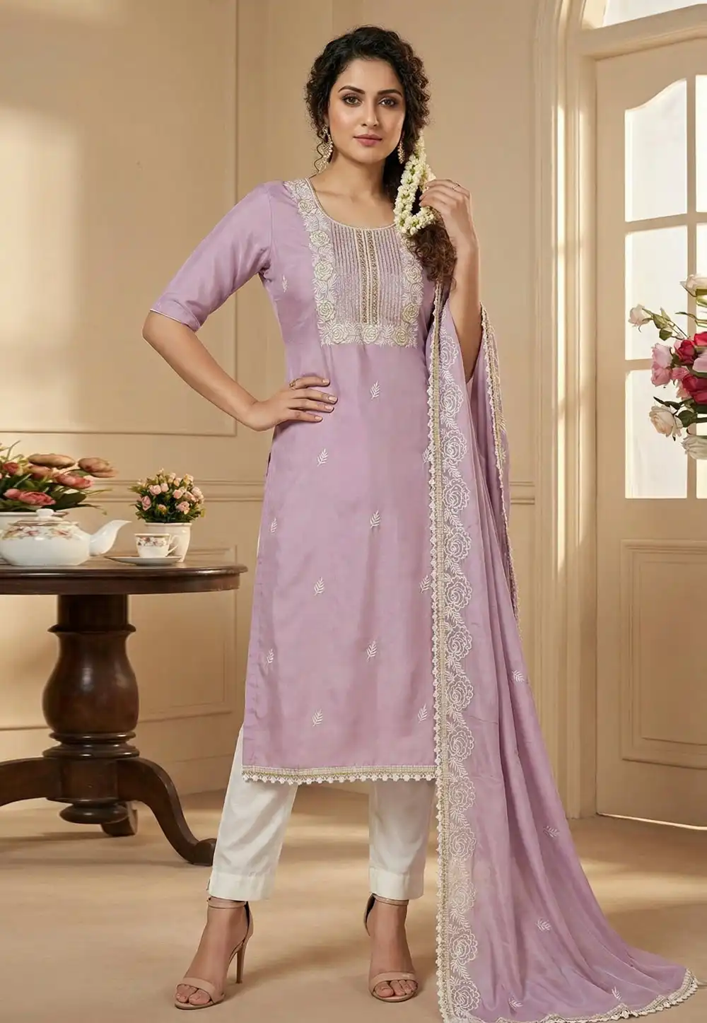 Lavender Cotton Pant Style Suit 327320