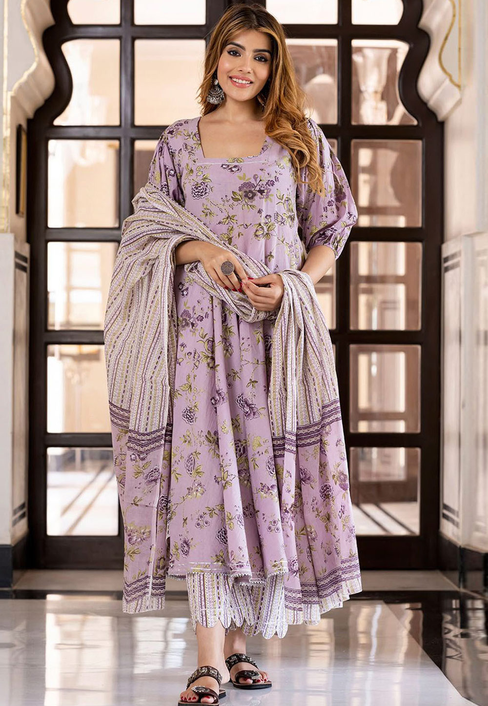 Lavender Cotton Readymade Anarkali Suit 321729