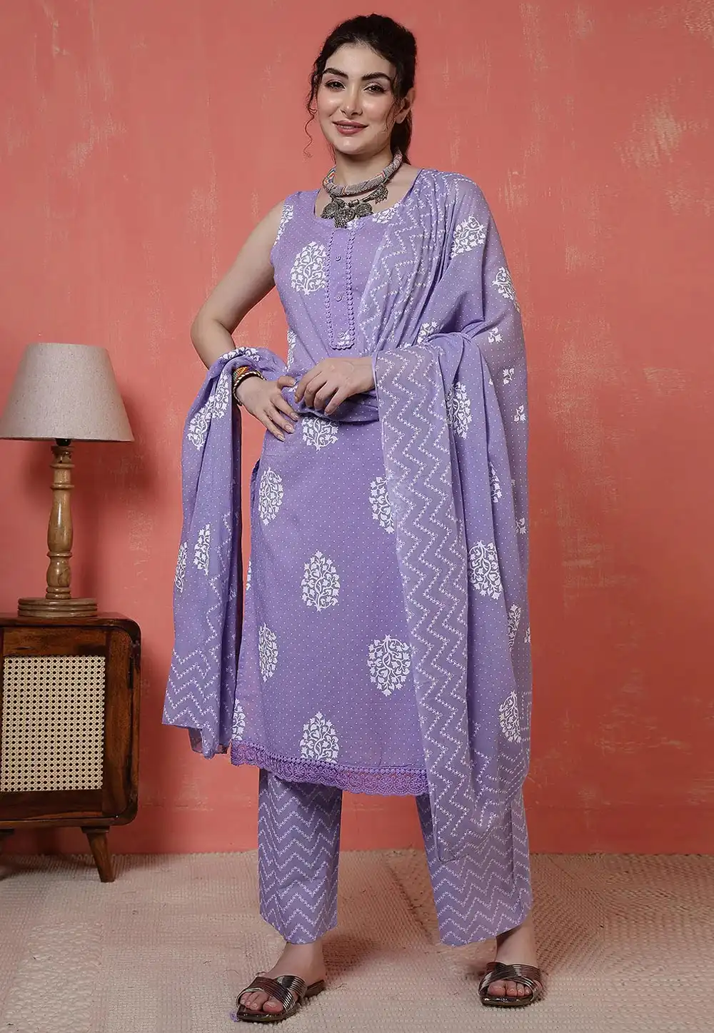 Lavender Cotton Readymade Palazzo Suit 314838